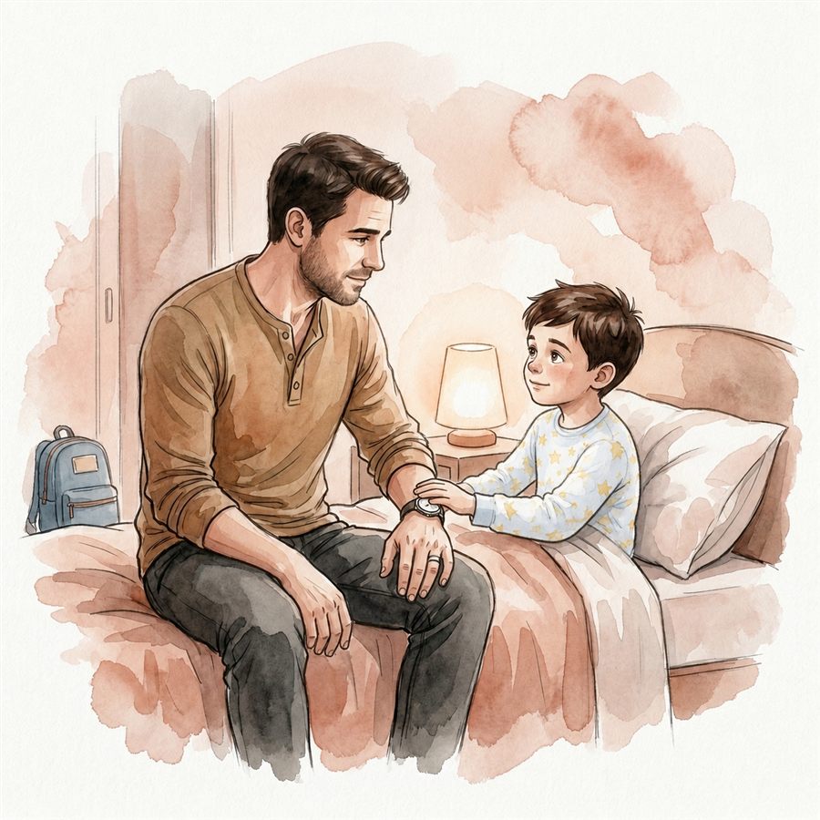 A father sitting at his child's bedside at night, sharing a quiet connected moment — watercolor illustration