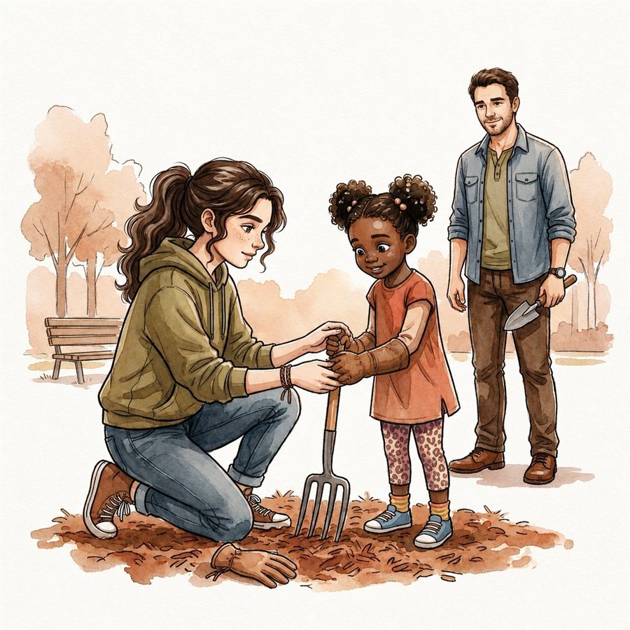 A father passing a baseball glove to his child during a coaching moment — watercolor illustration