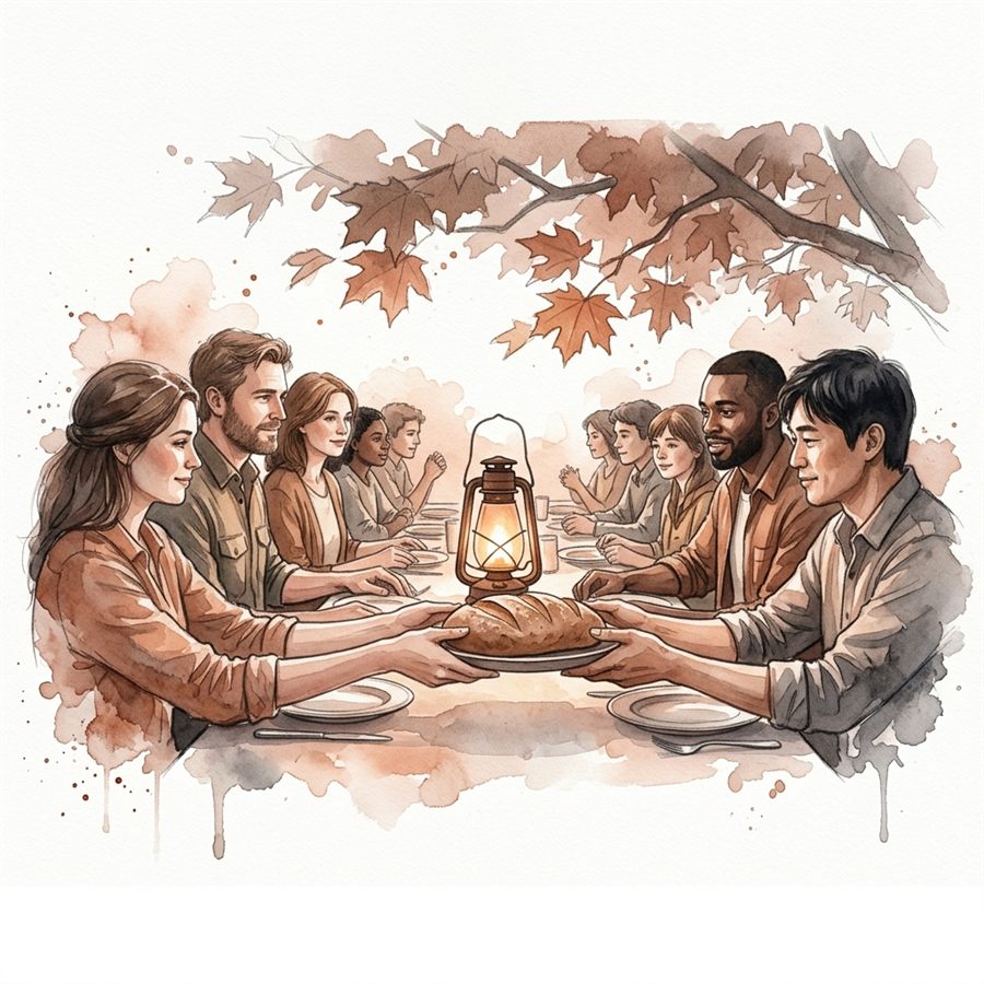 Diverse families gathered around a long outdoor table beneath autumn trees, a lantern at the center — watercolor illustration