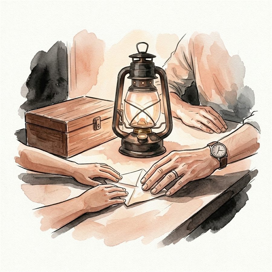 A lantern glowing on a wooden table, with a father's and child's hands sharing a letter — watercolor illustration