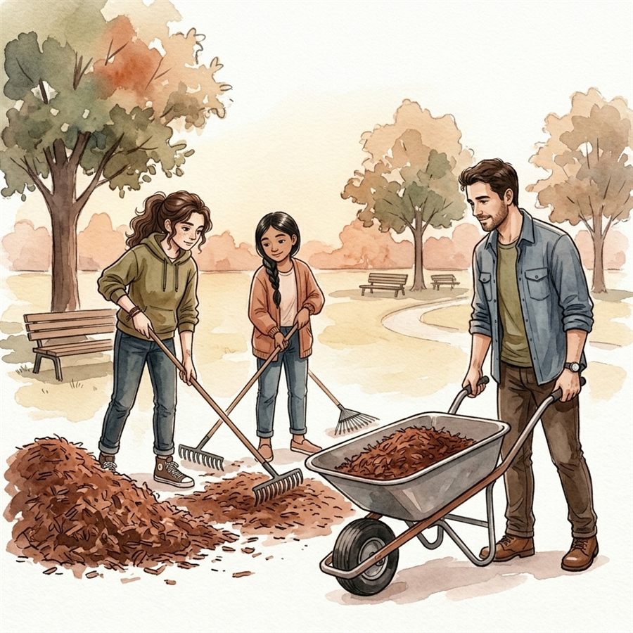 A father and two children raking leaves together in a park — watercolor illustration