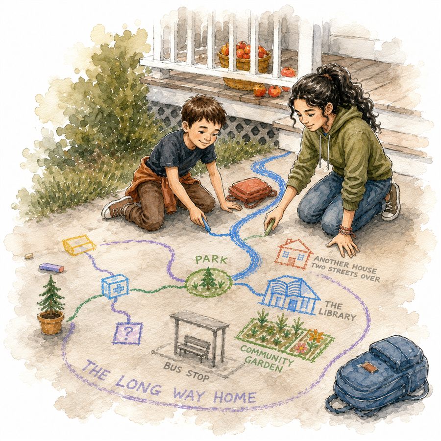 Two children drawing a chalk map on a porch, planning adventures together — watercolor illustration