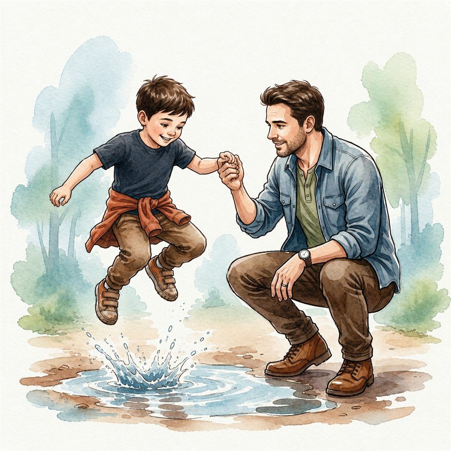 A father holding his young son's hand as the boy leaps joyfully over a puddle — watercolor illustration