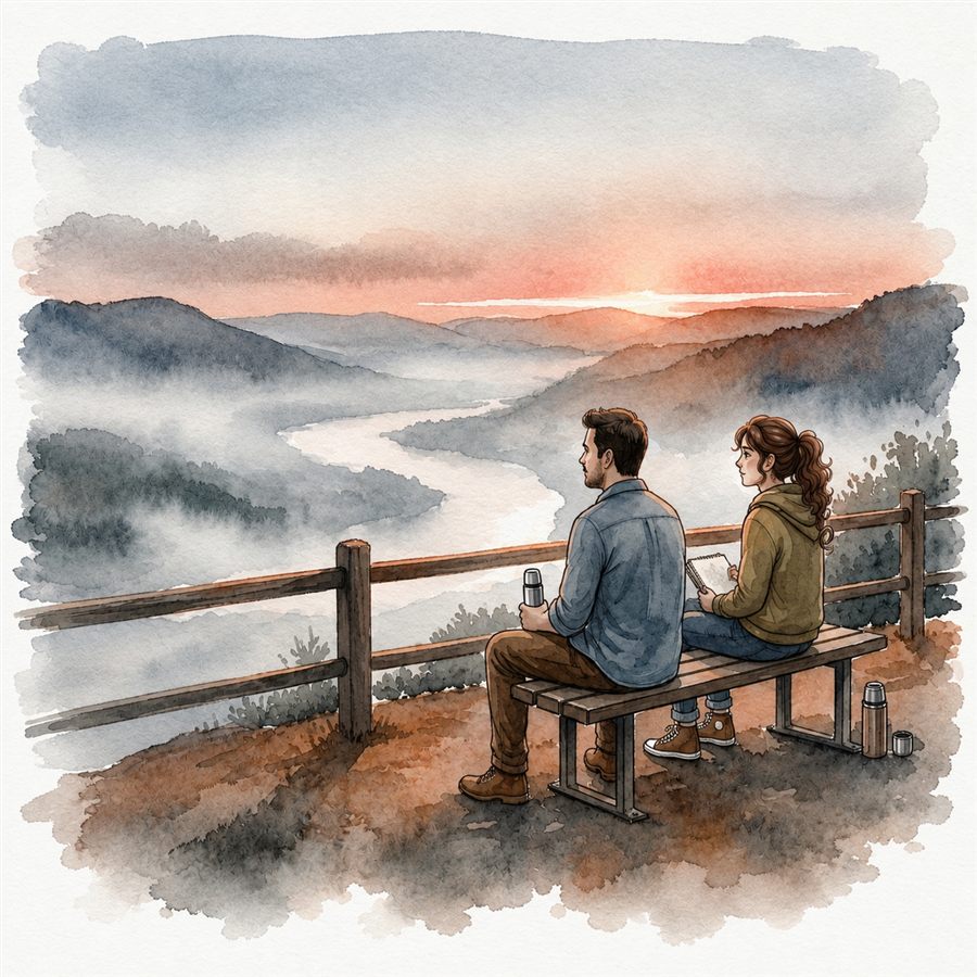 A father and teenager sitting on a bench at sunrise overlooking a misty mountain valley — watercolor illustration
